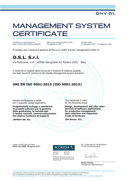 Certificato Qualità O.S.L. S.r.l. UNI ENI ISO 9001:2015